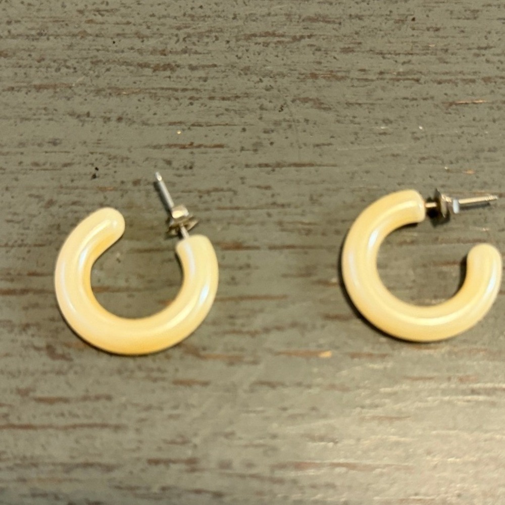 Cream Resin Small C-Hoop Earrings Minimalist Ivory Post Back Jewelry